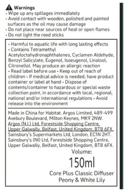 Habitat 150ml Scented Diffuser - Peony & White Lily -Habitat 4845096 R Z011A